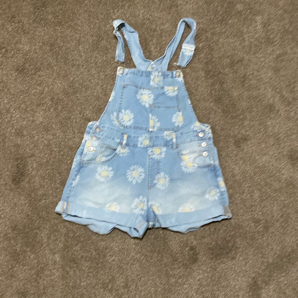 Flower print jean overalls